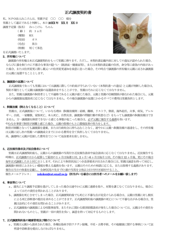 正式譲渡契約書 Npo法人ねこけん