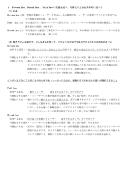 1．Stream line、Streak line 、Path line の定義を述べ、可視化の方法を