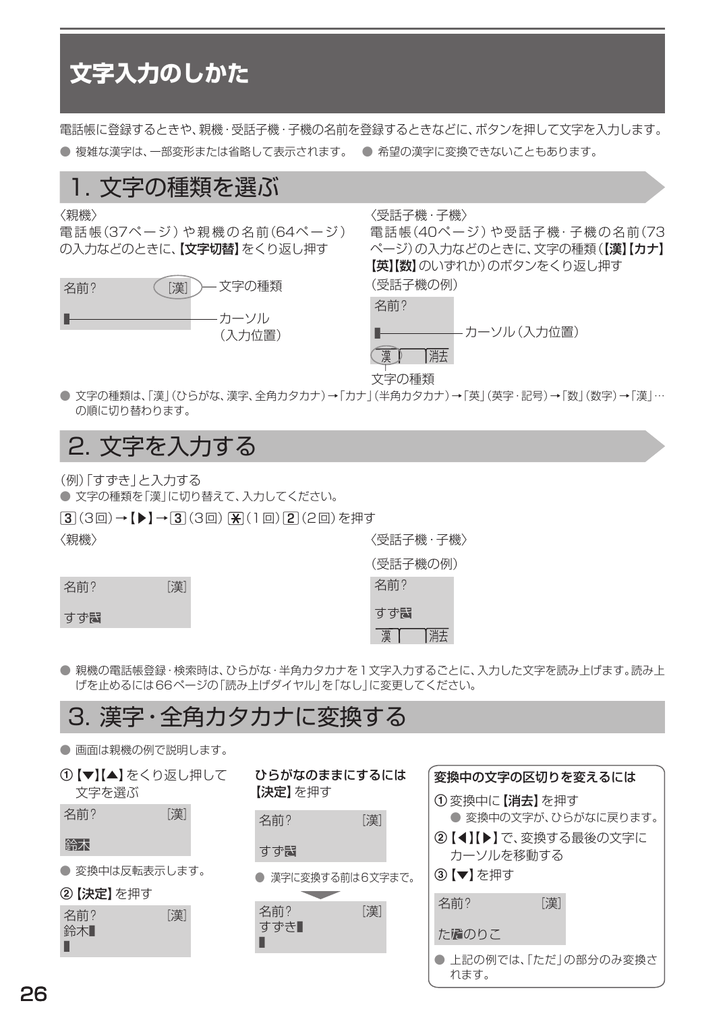 文字入力のしかた 1 文字の種類を選ぶ 2 文字を入力する 3 漢字 全角