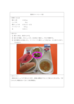 豚肉のマーマレード煮 ＜材料＞4人分 豚ヒレ肉 320g しょうが 6g 薄口