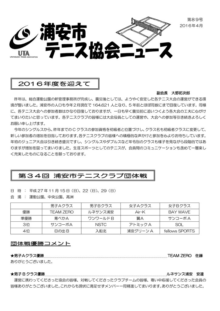 第34回 浦安市テニスクラブ団体戦 2016年度を迎えて