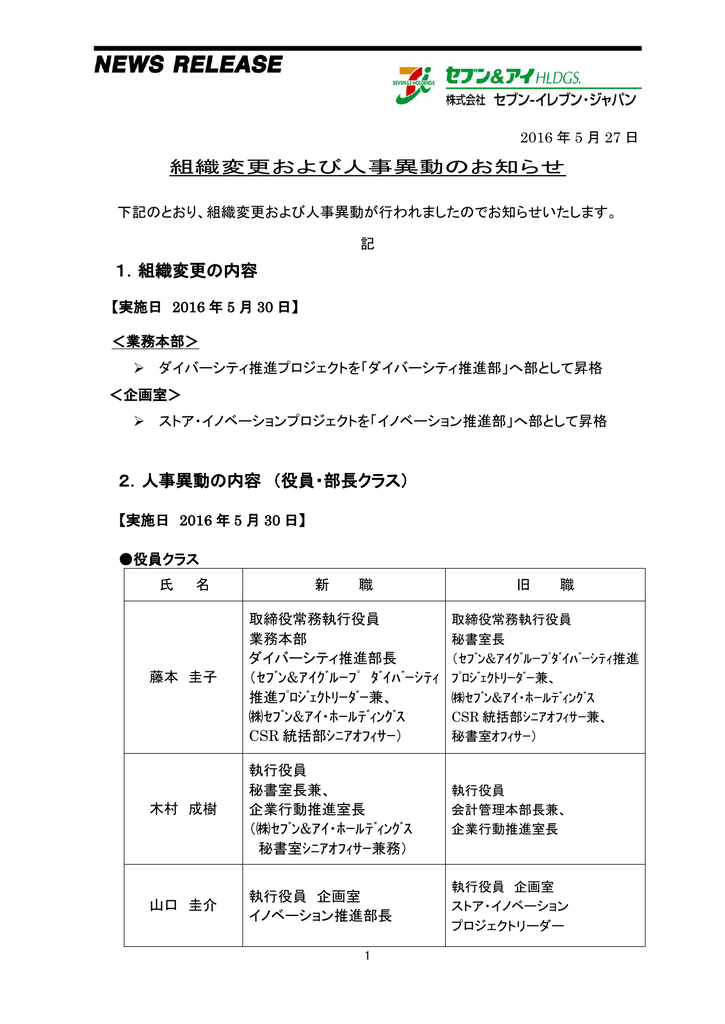 組織変更および人事異動のお知らせ 1