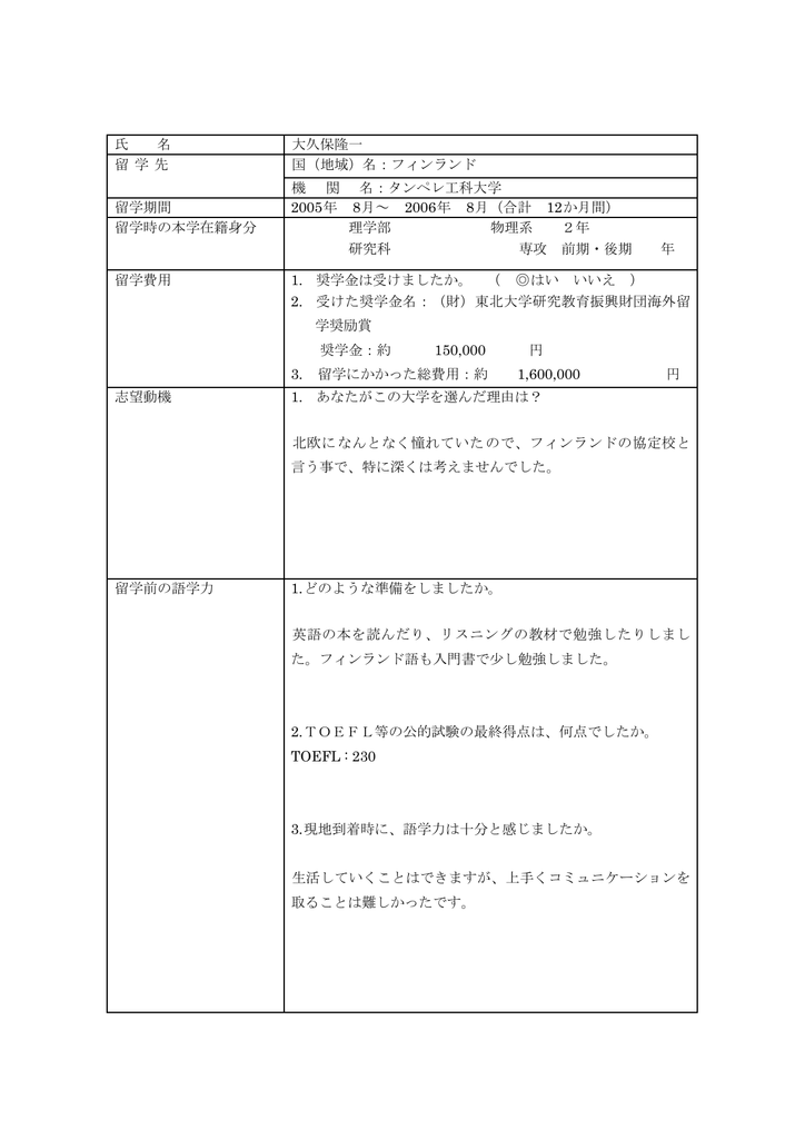 タンペレ工科大学 留学期間