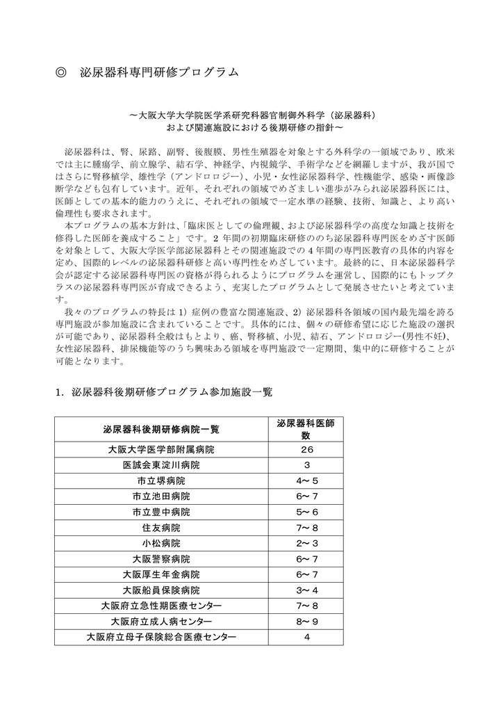 泌尿器科専門研修プログラム 大阪大学大学院医学系研究科泌尿器科