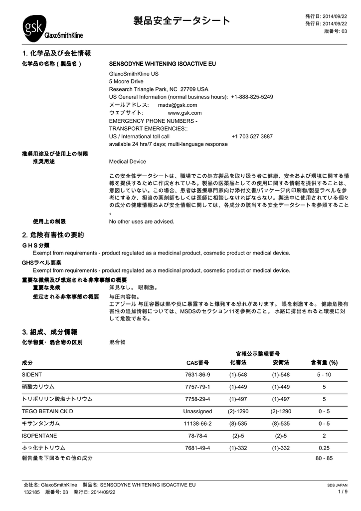 製品安全データシート Safety Data Sheets Sds