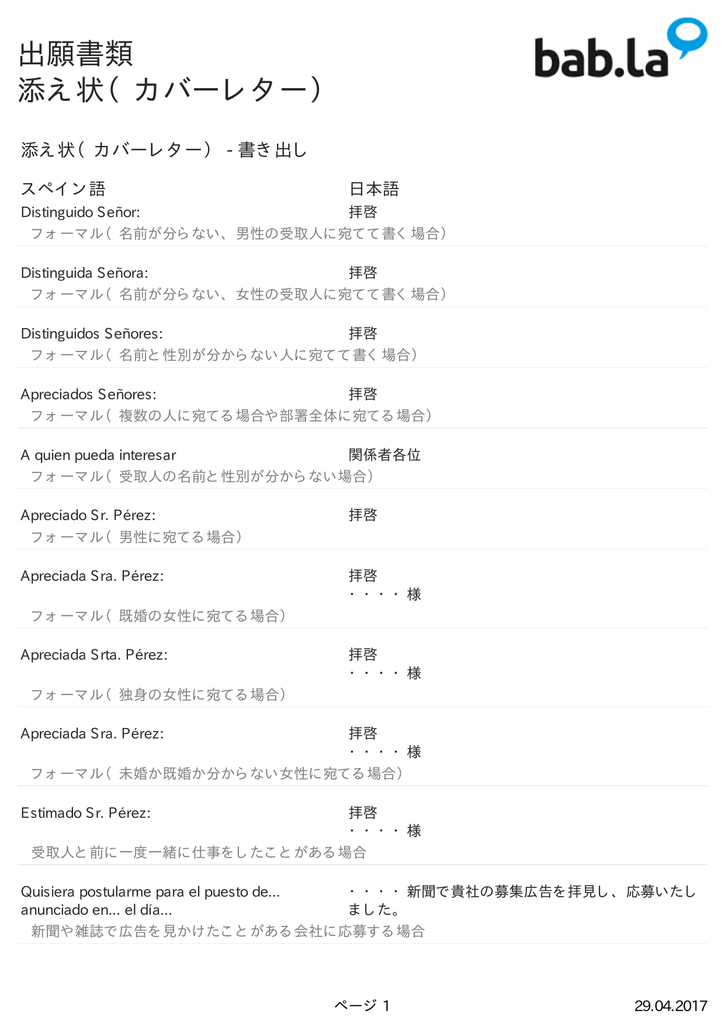 多言語例文集 出願書類 添え状 カバーレター スペイン語 日本語