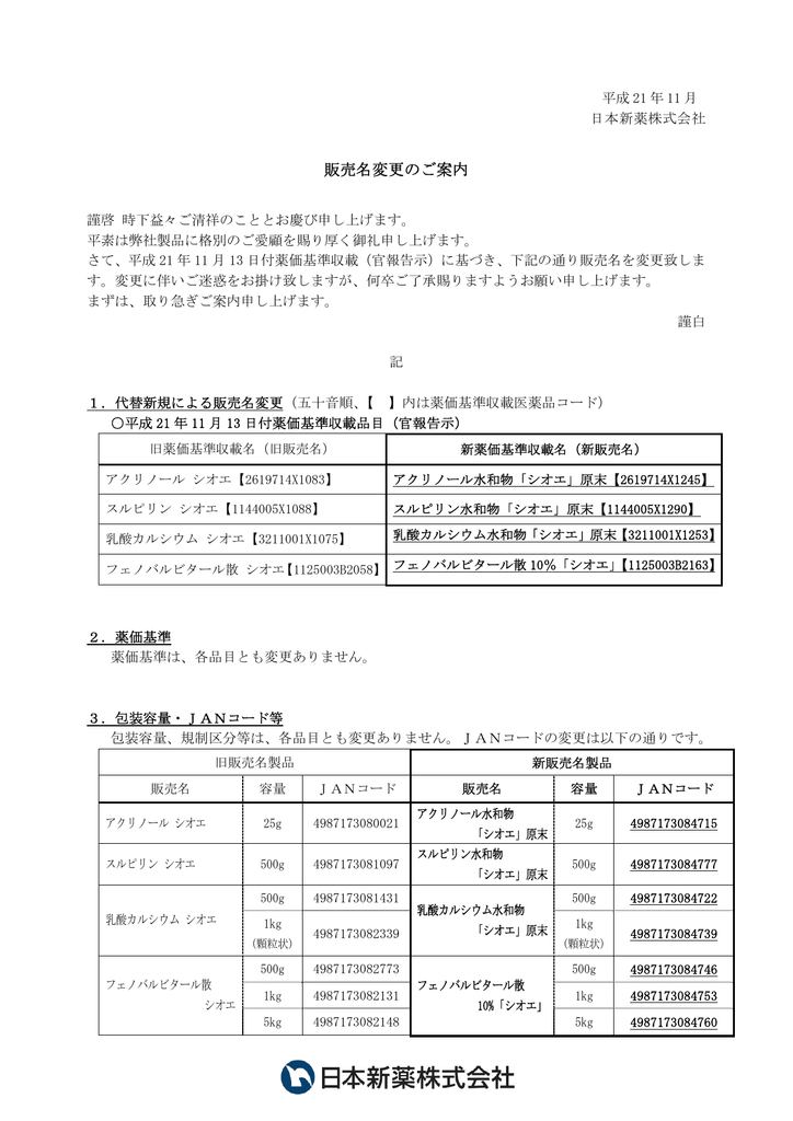 アクリノール水和物 シオエ 原末 販売名変更のお知らせ