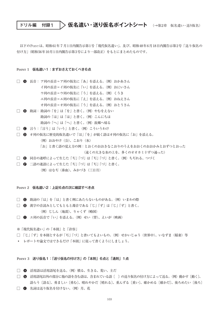 仮名遣い 送り仮名ポイントシート