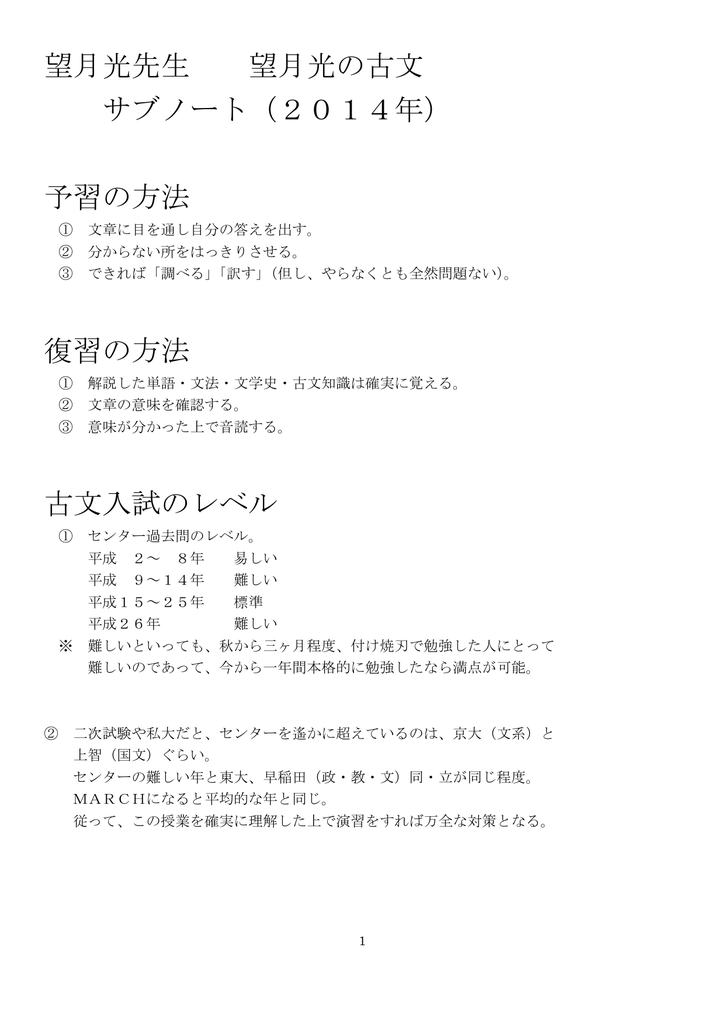 望月光先生 望月光の古文 サブノート 14年 予習の方法 復習の方法