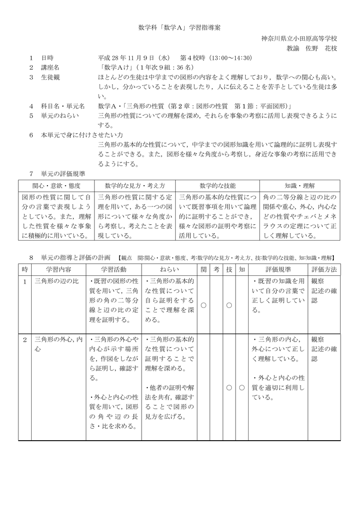 数学科 数学a 学習指導案 神奈川県立小田原高等学校 教諭 佐野 花枝