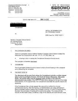 Thomas Woznicki Discrimination Complaint (Dismissal, March 2012)