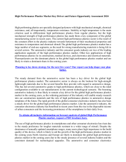 High Performance Plastics Market Key Driver and Future Opportunity Assessment 2024