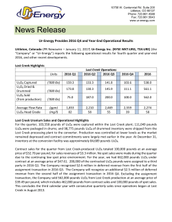 January 11, 2017: Ur‐Energy Provides 2016 Q4 and Year‐End
