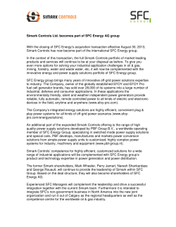 Simark Controls Ltd. becomes part of SFC Energy AG group With the
