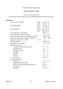 Pathophysiology lab questions Reference laboratory values These