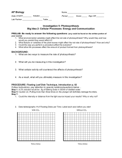 AP Biology Investigation 5: Photosynthesis Big Idea 2: Cellular
