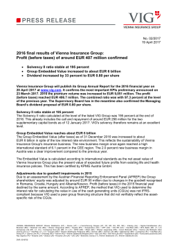 2016 final results of Vienna Insurance Group: Profit (before taxes) of