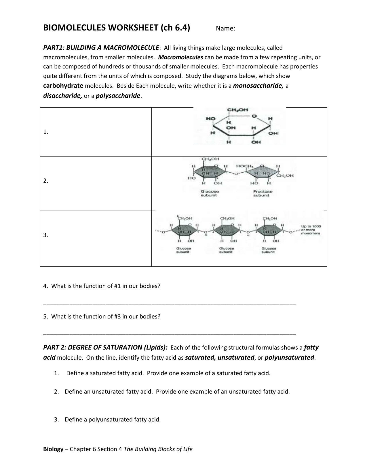 BIOMOLECULES WORKSHEET (ch 22.22) Inside Macromolecules Worksheet 2 Answers