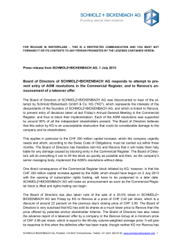 Board of Directors of SCHMOLZ+BICKENBACH AG responds to