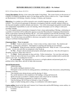 HONORS BIOLOGY COURSE SYLLABUS