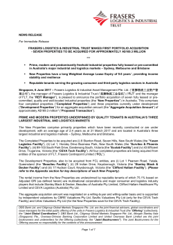 NEWS RELEASE For Immediate Release FRASERS LOGISTICS