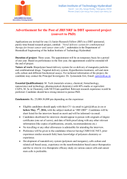 Advertisement for the Post of JRF/SRF in DBT sponsored project