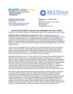 BRIGHTSOURCE ENERGY SIGNS BOILER AGREEMENT WITH