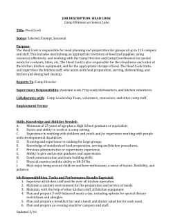 JOB DESCRIPTION: HEAD COOK Camp Whitman on Seneca Lake