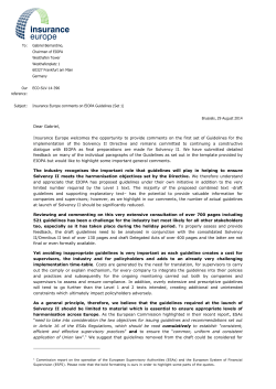 Cover letter to EIOPA guidelines set 1 consultation