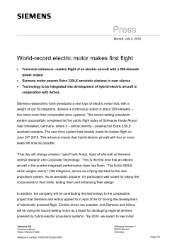 Press Release: World-record electric motor makes first flight