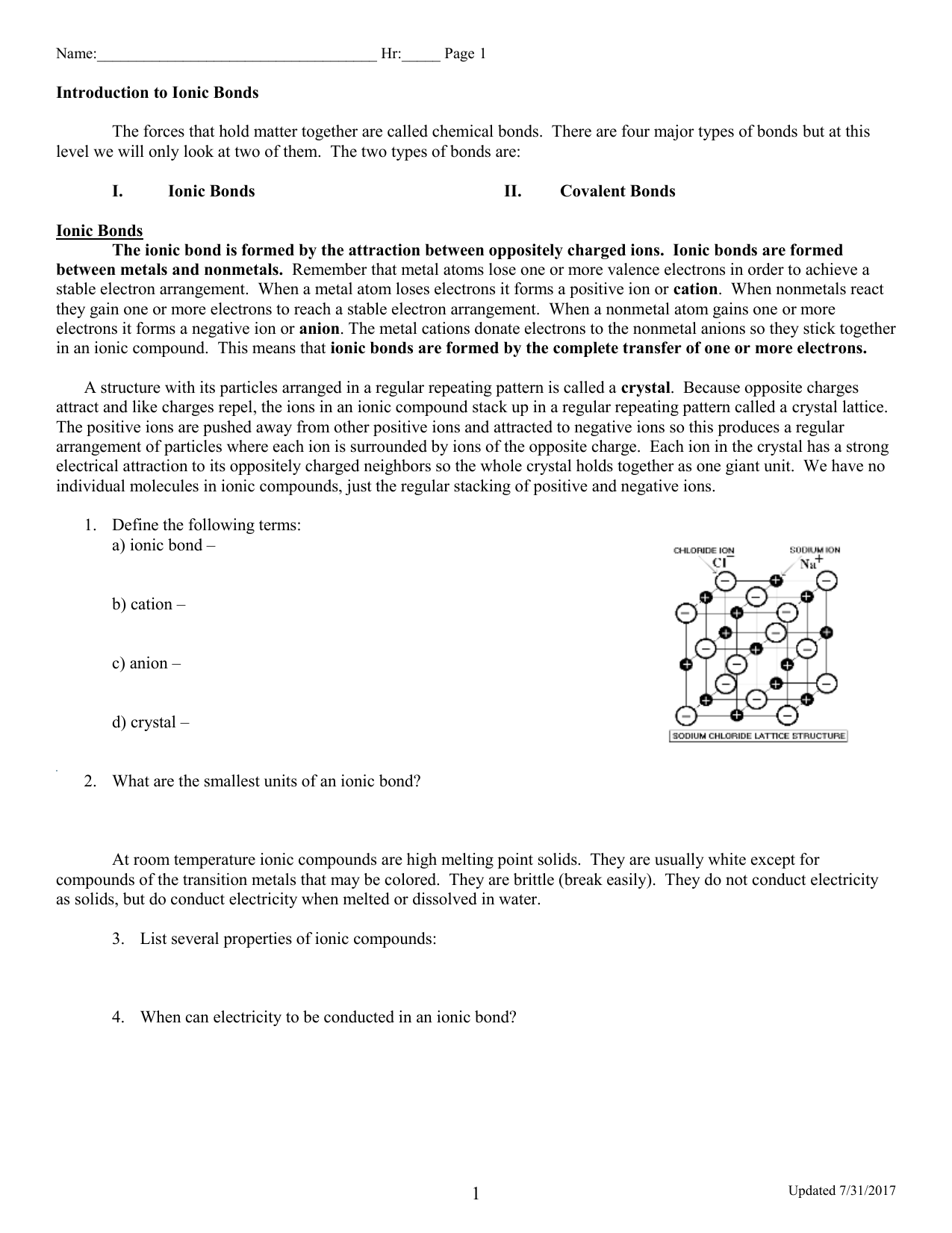 chemistry worksheet introduction to chemical bonding Throughout Overview Chemical Bonds Worksheet Answers