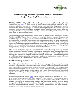 Thermal Energy Provides Update on Product Development Project