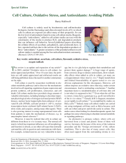 Cell Culture, Oxidative Stress, and Antioxidants: Avoiding Pitfalls