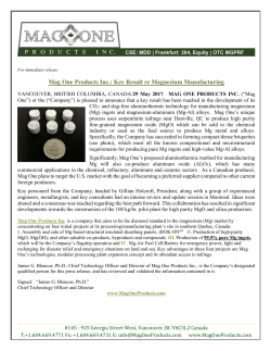 Mag One Products Inc.: Key Result re Magnesium Manufacturing
