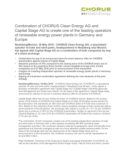 Combination of CHORUS Clean Energy AG and Capital Stage AG to