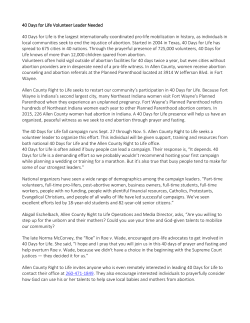 40 Days for Life Volunteer Leader Needed 40 Days for Life is the