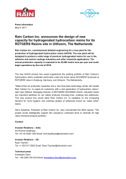 Rain Carbon Inc. announces the design of new capacity for