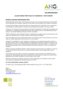 ALLIED MAKES FIRST SALE OF CARDIOCEL&reg; INTO EUROPE