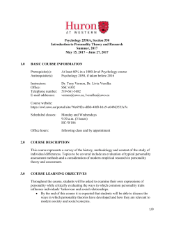 Psychology 2550A, Section 550 Introduction to Personality Theory