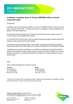 Lendlease completes issue of 10-year USD$400 million of senior