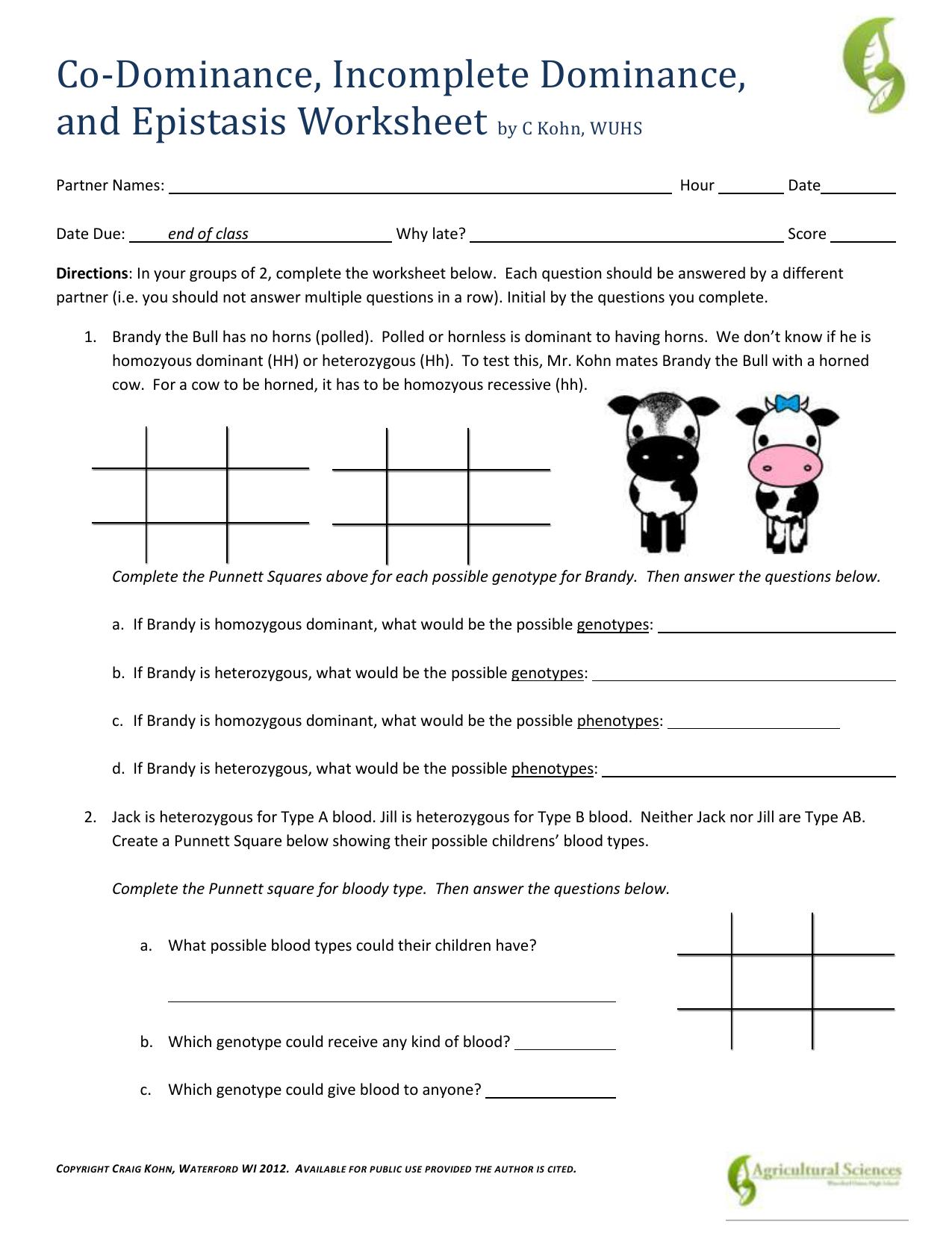 Co-Dom, Inc. Dom, and Epistasis Worksheet Within Codominance Worksheet Blood Types