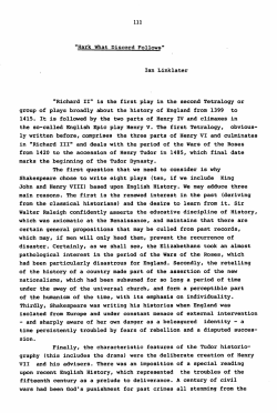 "Hark What Discord Follows" Ian Link1ater "Richard II" is the first