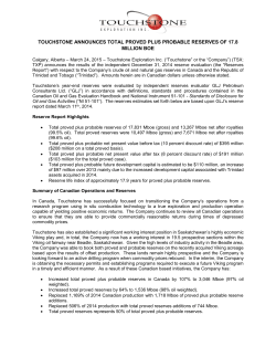 touchstone announces total proved plus probable reserves of 17.8