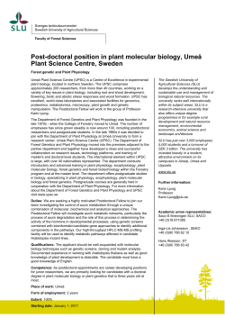 Post-doctoral position in plant molecular biology, Ume&aring; Plant