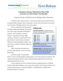 Consumers Energy Natural Gas Price Falls to Lowest Level in
