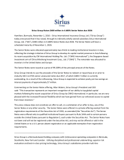 Sirius Group Raises $400 million in 4.600% Senior Notes due 2026