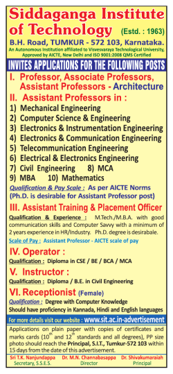 SIT Faculty Ads - April 2017 - Siddaganga Institute of Technology