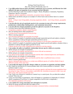 Biology Final Exam Review Due: Day of Final (Wednesday June 12
