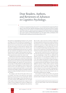 Dear Readers, Authors, and Reviewers of Advances in Cognitive