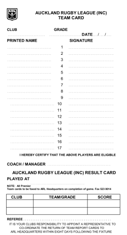 team card auckland rugby league - Lloyd Elsmore Park Badminton